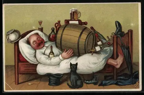 AK Betrunkener schlafend im Bett mit Bierfass auf seinem Bauch, Trinkerhumor
