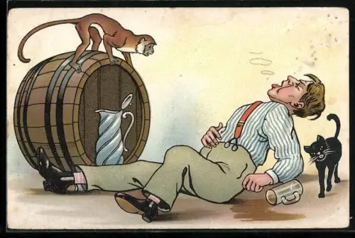 AK Betrunkener Mann liegend neben Bierfass, Affe auf dem Fass, Trinkerhumor