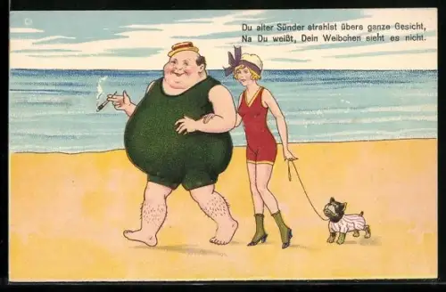 AK Dicker Mann und schlanke Frau in Badeanzügen am Strand, Übergewicht