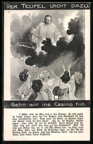 AK Mann in Wolken wird von einer Gruppe Frauen zu sich gerufen, um ins Casino zu gehen