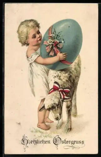 AK Kind erhält ein grosses Osterei, das von einem Schaf mit Schleife in den Reichsfarben überbracht wird