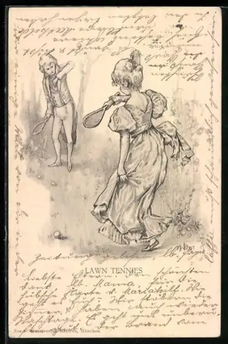 AK Pärchen spielt auf dem Rasen Tennis