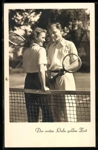 AK Der ersten Liebe goldne Zeit, Paar beim Tennis