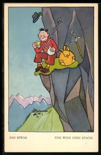 AK Bergsteiger beim Essen auf einem Felsvorsprung