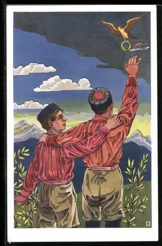 AK Zwei Mitglieder der Turnvereinigung Sokol winken einem Falken zu