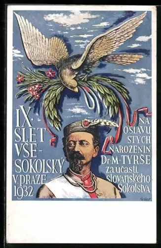 Künstler-AK Prag, IX. Slet Vsesokolsky v Praze 1932, Dr. M. Tyrse und Falke