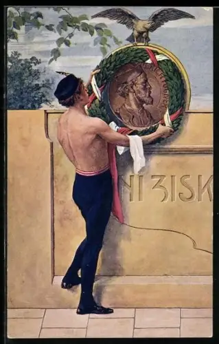 AK Sokol, Mann hält Kranz mit Jindrich Fügners Portrait