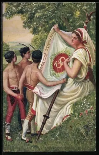 AK Mitglieder der Turnvereinigung Sokol treffen auf eine hochgewachsene Dame mit einem Banner