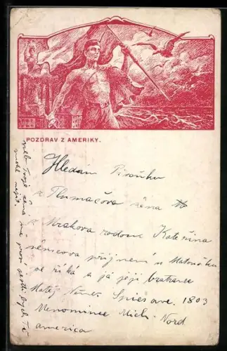 AK Mitglied der Turnvereinigung Sokol mit freiem Oberkörper und Flagge und Degen in der Hand in Amerika