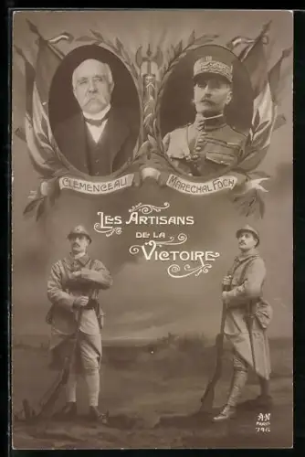 AK Portrait Marschall Foch & Staatsmann Georges Clemenceau, Soldaten in Uniform mit Gewehr