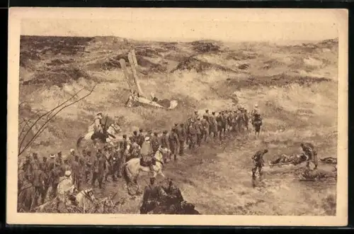 AK Trail kriegsgefangener Soldaten neben einem abgestürzten Flugzeug