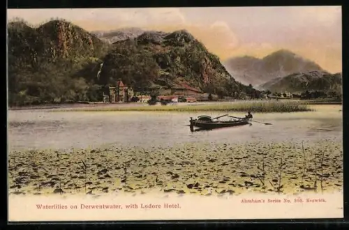 AK Derwentwater, Waterlilies on Derwentwater, with Lodore Hotel