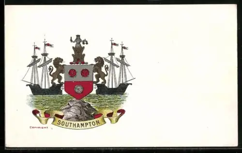 Künstler-AK Southampton, Wappen mit Schiffen