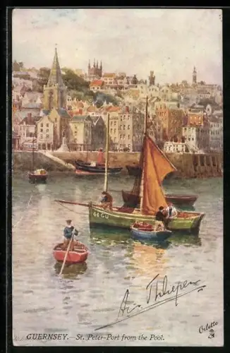 Künstler-AK Guernsey, St. Peter-Port from the Pool