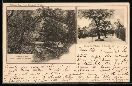 AK Birmingham, A corner in the Girl`s Recreation Ground and street view in Bournville Village