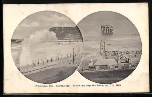 AK Scarborough, Promenade Pier, Before and after the Storm 1905