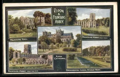 Künstler-AK Ripon, Cathedral, Fountains Hall, Fountains Abbey