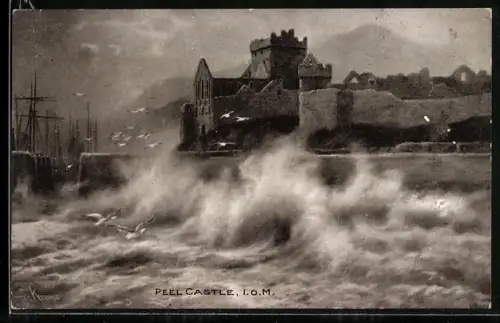 AK Peel Castle, Burgansicht mit Brandung