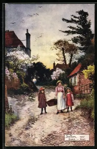 Künstler-AK Satton near Dover, Frau mit Kindern auf der Strasse