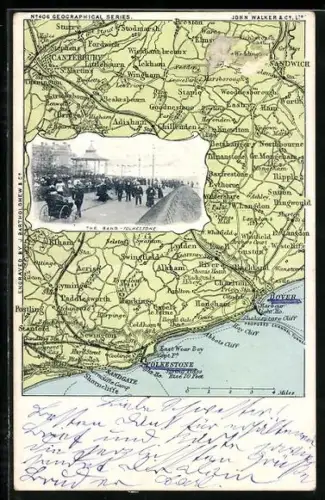 AK Folkestone, The Band, Strandpromenade, gerahmt von georgraphischer Karte der Umgebung