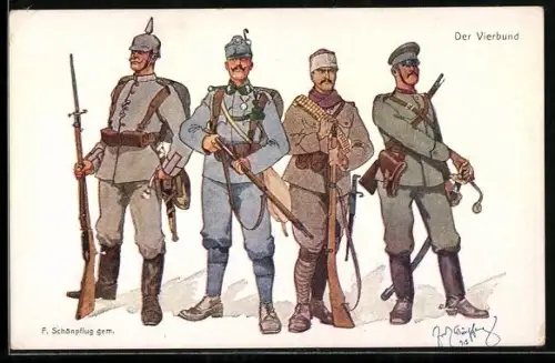 Künstler-AK Fritz Schönpflug: Der Vierbund, Soldaten in Uniform