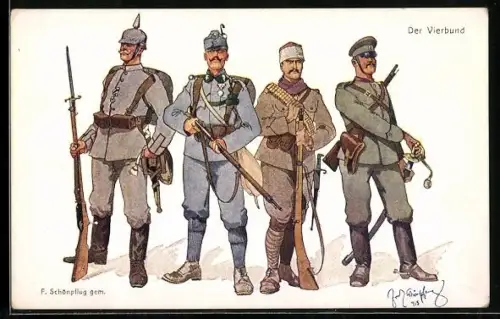 Künstler-AK Fritz Schönpflug: Der Vierbund, Soldaten in Uniform