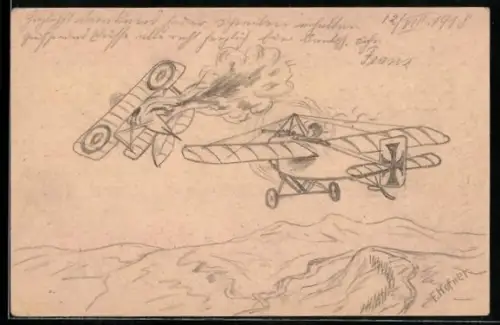 Künstler-AK Handgemalt: Deutsches Jagdflugzeug schiesst im 1. Weltkrieg britischen Doppeldecker ab