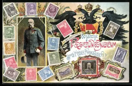 AK Briefmarken zu Kaiser Franz Josef I. von Österreichs 60. Regierungs-Jubiläum 1908, Adler, Wappen