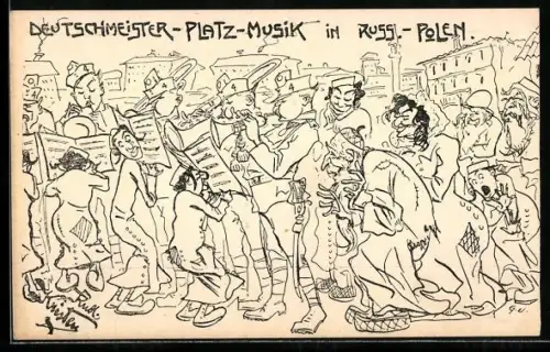 Künstler-AK Rud. Kristen: Deutschmeister-Platz-Musik in Russisch-Polen