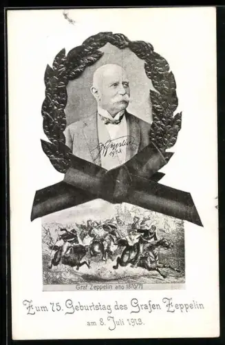 AK Ganzsache PP27 C 189: 75. Geburtstag des Grafen Zeppelin 1913, Porträt im Lorbeerkranz, Schlachtszene 1870/71