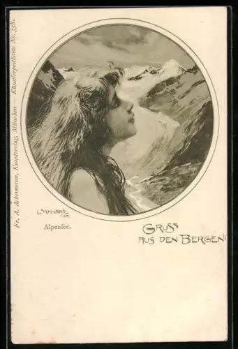 Künstler-AK sign. L. Kainrad: Alpenfee, Junge Frau mit offenem Haar vor einem Gletscher, Jugendstil