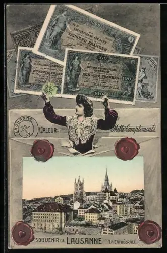 AK Lausanne, La Cathedrale, Geldscheine, Siegel und Glückskleeblatt
