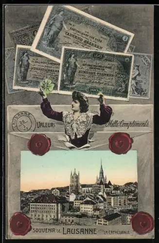 AK Lausanne, La Cathedrale, Geldscheine, Siegel und Glückskleeblatt