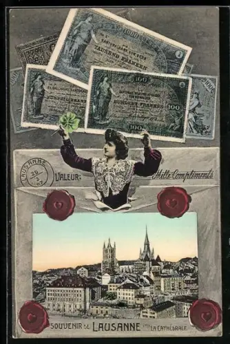 AK Lausanne, La Cathedrale, Geldscheine, Siegel und Glückskleeblatt