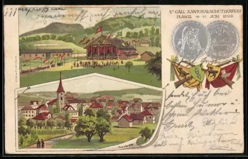 Lithographie Flawil /St. Gallen, Kantonalschützenfest 1899 mit geprägten Münzen und gekreuzten Gewehren