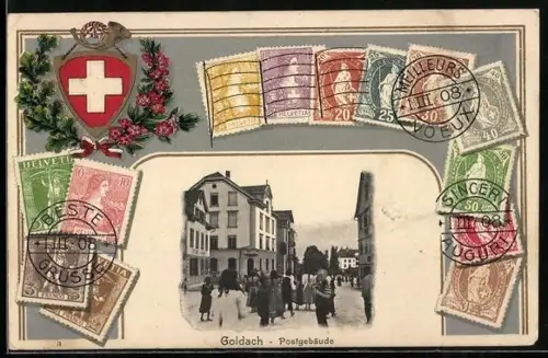AK Goldach, Postgebäude mit diversen Briefmarken im Passepartout