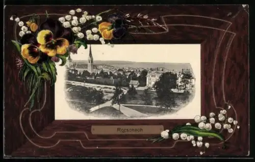 AK Rorschach, Totalansicht des Ortes, Stiefmütterchen im Passepartout