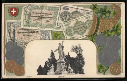AK Basel, Statue, Füllhorn und diverse Geldscheinen und Münzen im Passepartout