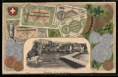 AK Genève, Pont des Bergues avec corne d`abondance et billets de banque dans le passe-partout