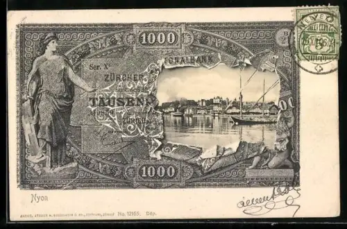 AK Nyon, Teilansicht des Ortes in einem Geldschein