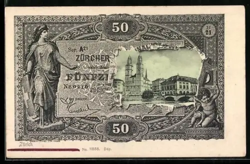 AK Zürich, Teilansicht des Ortes mit Kirche in einem Geldschein-Passepartout