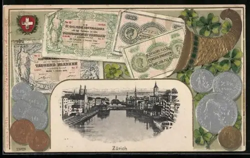 Passepartout-Lithographie Zürich, Teilansicht aus der Vogelschau, Münzen & Noten