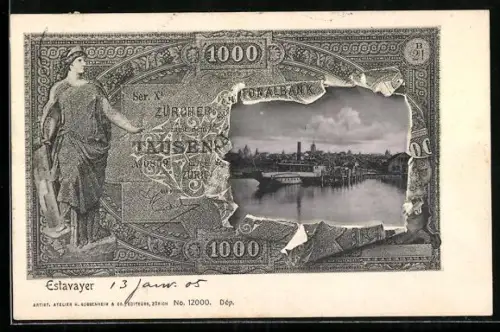 AK Estavayer, Hafenpartie im Geldschein-Passepartout mit Helvetia