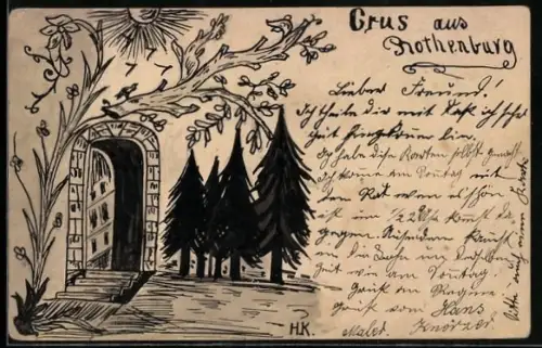 Künstler-AK Handgemalt: Rothenburg, Portal und Tannen unter scheinender Sonne