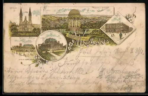 Vorläufer-Lithographie Wiesbaden, 1895, Restaurant a. d. Neroberge, Kath. Kirche, Neues Theater, Kgl. Schloss