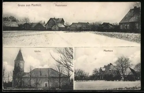 AK Martfeld, Poststrasse, Kirche und Pfarrhaus