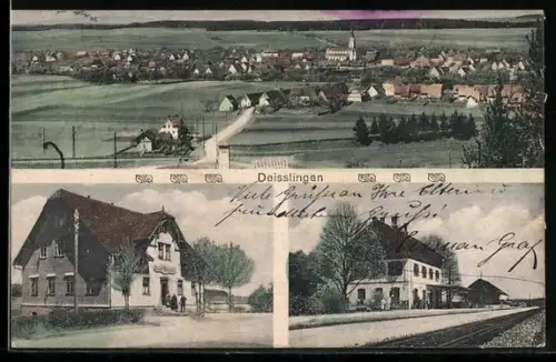 AK Deisslingen, Ansicht vom Bahnhof-Restaurant, Ortsansicht mit Kirche