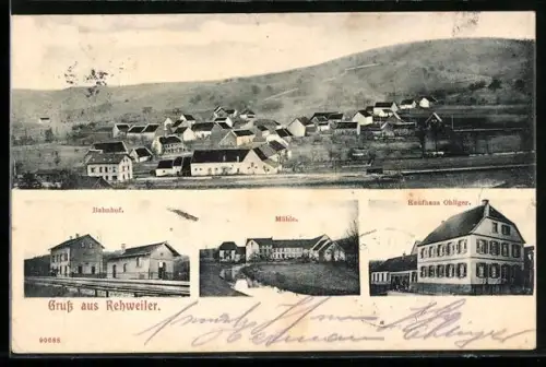 AK Rehweiler, Kaufhaus Ohliger, Bahnhof, Mühle & Ortsansicht