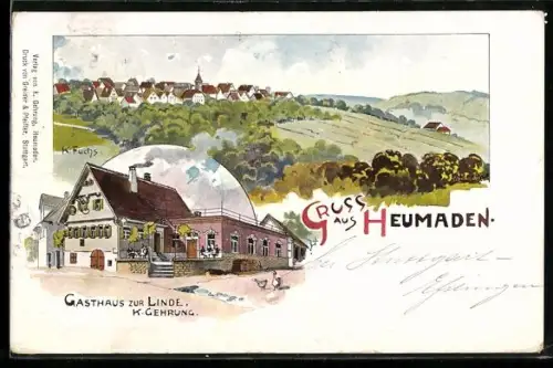 AK Heumaden, Gasthaus zur Linde, K. Gehrung, Ortsansicht mit angrenzenden Feldern
