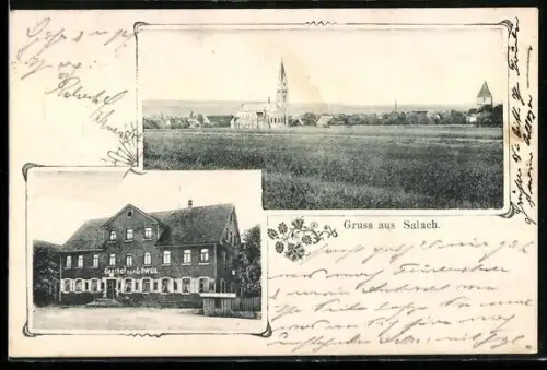 AK Salach, Gasthof zum Löwen, Blick auf die Kirche von der Feldflur aus
